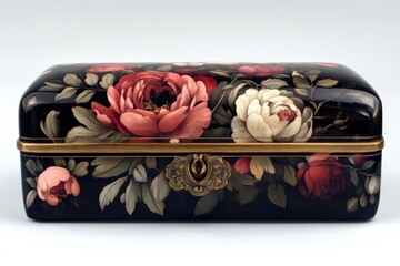 Floral Treasure Vintage Jewelry Box with Hand Painted Roses Heirloom Keepsake Black Lacquer and Gold