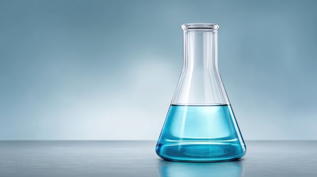 A single glass beaker filled with clear liquid placed on a lab bench, sterile background and copy space