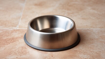 A single stainless steel pet food bowl placed on a clean tile floor with copy space