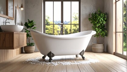 Rustic White Bathtub With Wooden Decor