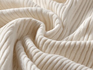 Close up of a cream colored ribbed knit fabric with soft folds and subtle shadows creating texture