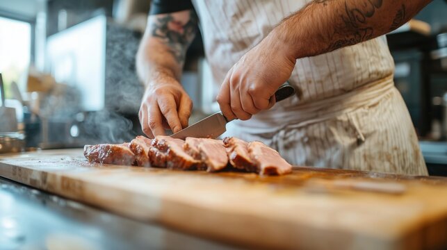 Chef skillfully slices freshly cooked meat in a bright kitchen during the lunch preparation for guests