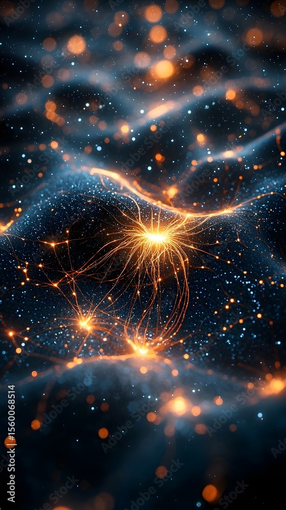 Poster visualizing a quantum neural network as a cosmic data stream