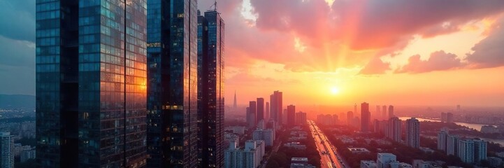 Obraz premium Modern Glass Tower Reflecting Cityscape at Sunset Ideal for Corporate & Real Estate Marketing