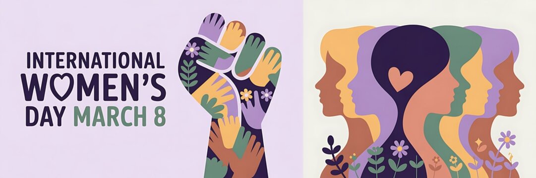International womens day march 8th celebration with diverse women and raised fist - Powered by Adobe