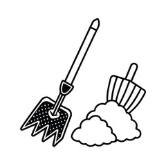 Garden gloves arranged near mini rake and dirt cup Vector illustration