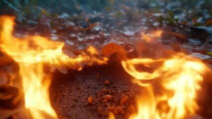 An enchanting foggy forest reveals flames dancing among fallen leaves as night falls. For bookstore storytelling - Powered by Adobe