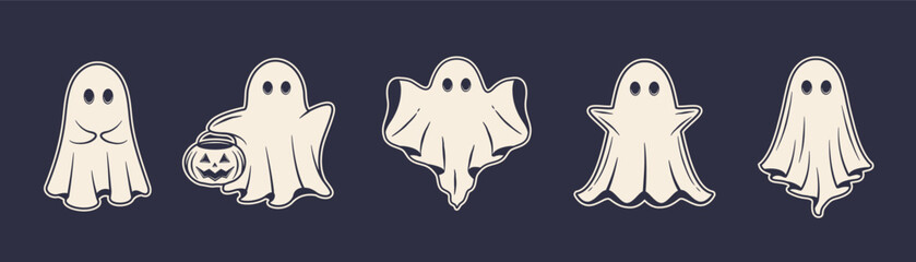 Funny Ghost icons set. Halloween ghost icons isolated on black background. Design element for logo, emblem, label, poster. Vector illustration