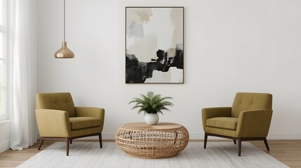Modern minimalist living room interior: two mustard armchairs, woven coffee table, abstract art, brass pendant light.