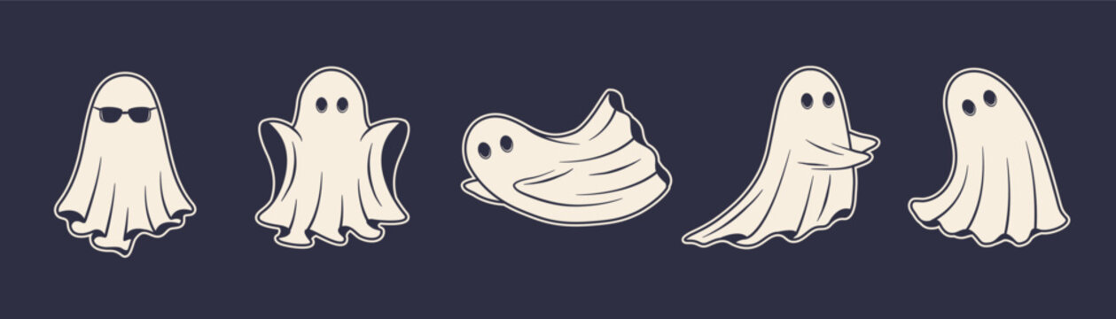 Simply vintage ghost icons set. Halloween ghost costume, character icons isolated on dark background. Vector illustration