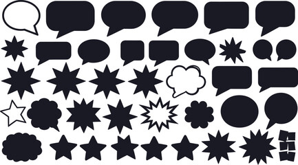 Assorted Black and White Speech Bubbles and Star Shapes on White Background