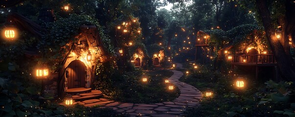 Firefly forest fantasy playground with lantern-lit trails vine-covered huts and glowing platforms nighttime magical setting