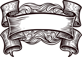 Vintage hand drawn ornate banner with swirling decorative elements and blank ribbon scroll illustration