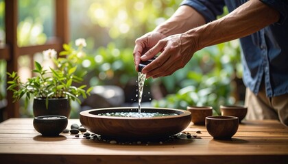 Person Pouring Water Into Wooden Bowl Zen Garden