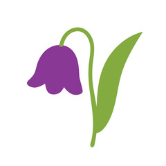 Simple cartoon purple bell flower with green stem and leaf isolated on white background.