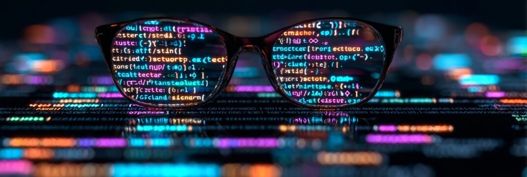 Futuristic Technology Vision with Glasses Reflecting Colorful Code and Programming Elements