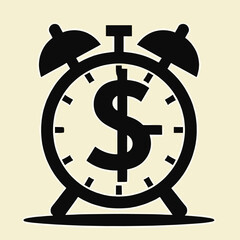 Dollar symbol alarm clock in black silhouette on light background  