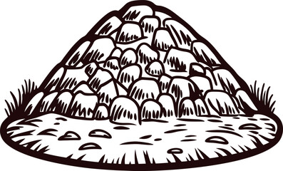 Hand drawn pile of stones with grassy ground, vintage engraved rocky mound illustration