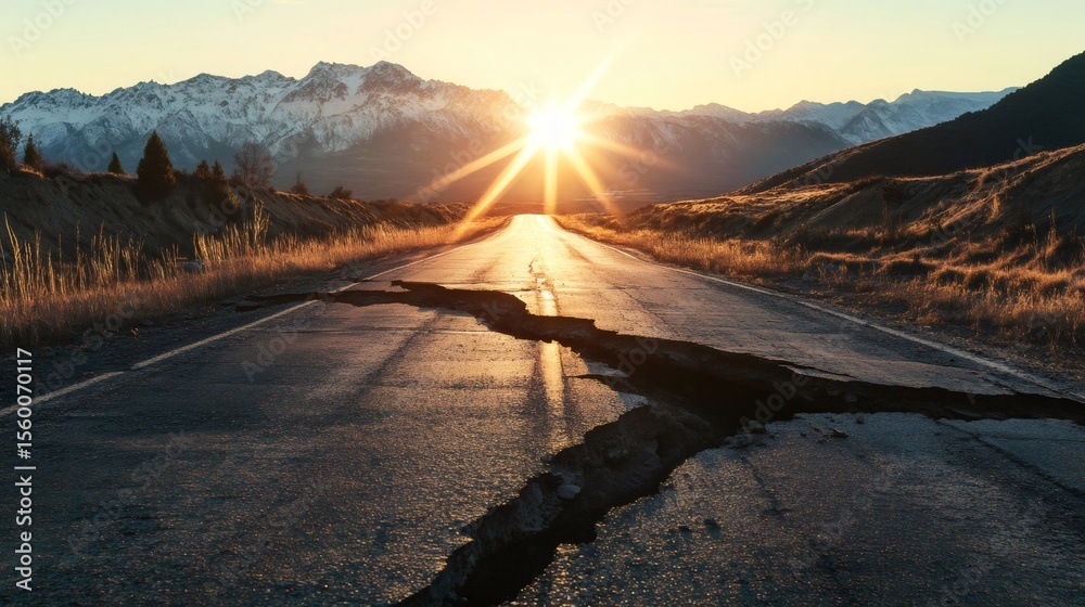 Poster seismic waves fracturing an asphalt road in a mountainous area at sunset, creating extensive damage 