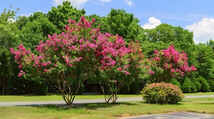 Close-up of crape myrtle trees in full bloom with vibrant pink, purple, and white flowers, showcasing their smooth bark, slender branches, and lush foliage in a garden or park setting under sunlight