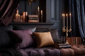 Dark gothic cluttercore interior with antique furniture heavy drapes vintage books ornate decor and soft candlelight shadows, Selective Focus