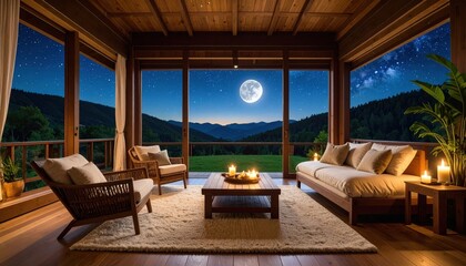 Night View From Wooden Porch With Patio Furniture