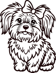 Naklejka premium Cute fluffy puppy with bow tie sitting, black outline illustration, style, isolated on white background