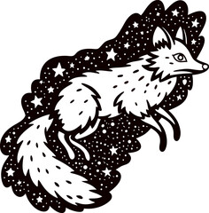 Celestial fox illustration with stars and night sky stylized black and white animal fantasy art with cosmic elements