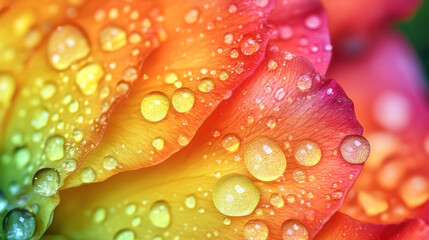 Vibrant rainbow petals with water droplets in detailed close-up. Abstract nature background