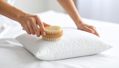 Woman Cleaning White Pillow With Wooden Brush