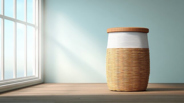 One baby laundry hamper placed in a bright corner with plenty of natural light and blank space