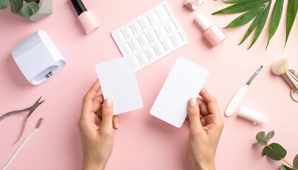 Hands Holding Blank Cards Nail Care Accessories On Pink Background