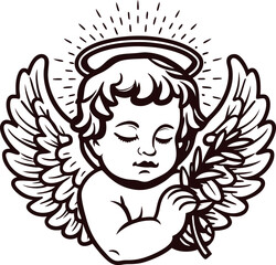 Hand drawn vintage cherub angel with wings and halo holding floral branch isolated on white background