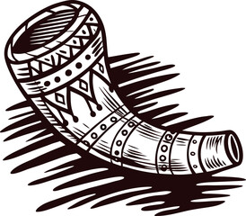 Hand drawn engraved drinking horn with tribal patterns isolated on white background illustration