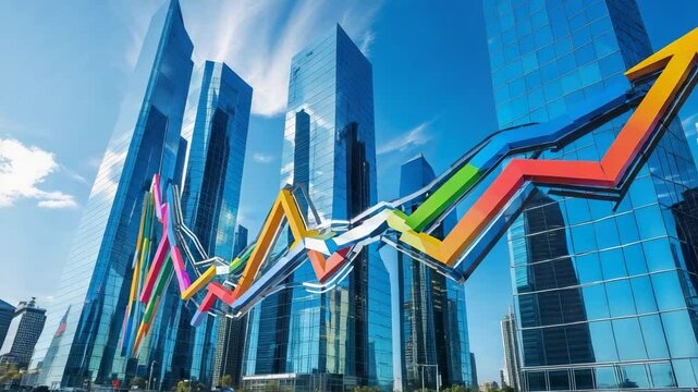 Starting multi-colored line graph trending across reflective glass skyscrapers reaching arrowhead