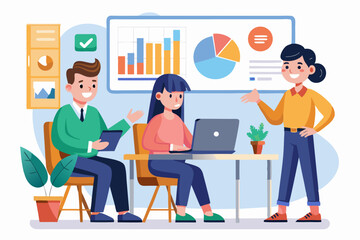 Business Team Meeting and Presentation – Modern Office Vector Illustration