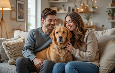 Happy young couple sitting on sofa with Golden Retriever in cozy Scandinavian style living room