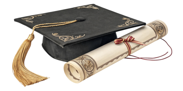 Graduation Cap and Diploma Rolled Up on a PNG Background