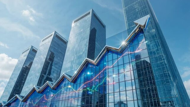 Initiating neon chart pulsing across urban skyline of glass towers, showing growth with arrowhead