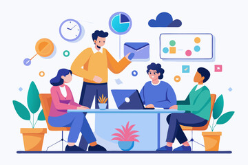 Business Team Meeting and Presentation – Modern Office Vector Illustration