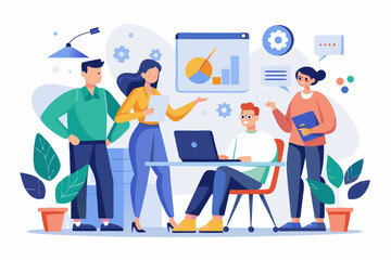 Business Team Meeting and Presentation – Modern Office Vector Illustration