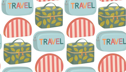 Seamless pattern with different cosmetic bags.  Colorful background with stylish accessories 