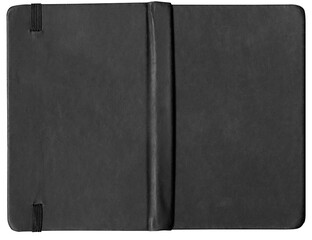 Closed black hardcover notebook isolated on white background, blank sketchbook or journal top view for design mockup