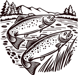 Fototapeta premium Engraved illustration of two trout fish swimming in river with mountain landscape, trees, reeds, and water detail