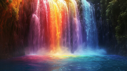 Vibrant rainbow-colored waterfall.
Surreal cascade of light and water.