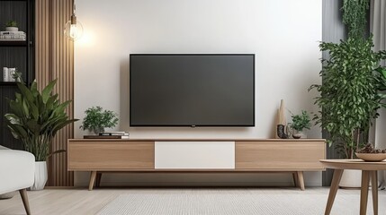 Modern living room interior with a television, contemporary furniture, and vibrant decor elements.