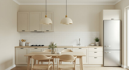 Modern minimalist kitchen design neutral colors wooden table and chairs stylish home decor bright interior calm atmosphere