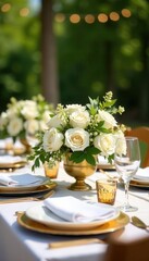 Rustic gold & white wedding reception table with floral centerpiece outdoors , tablearrangement, white, celebrationdecor