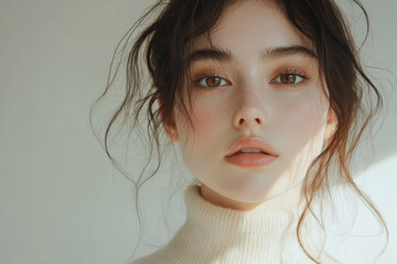 Young woman model with natural makeup and loose hair in soft lighting.