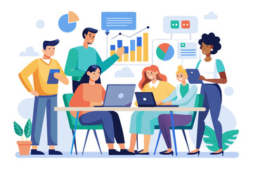 Business Team Meeting and Presentation – Modern Office Vector Illustration